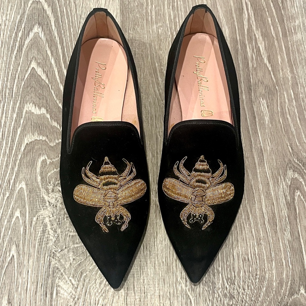 Pretty Ballerinas Black Suede Flats with Royal Gold Embroidered Bee